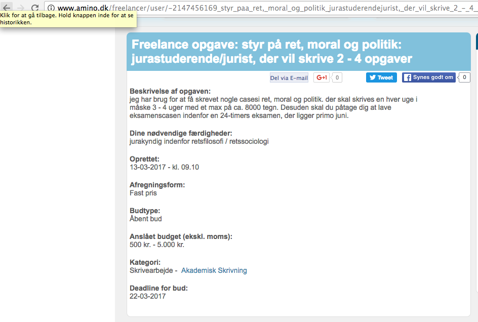 Opslaget, som er blevet lagt op på amino.dk/freelancer
