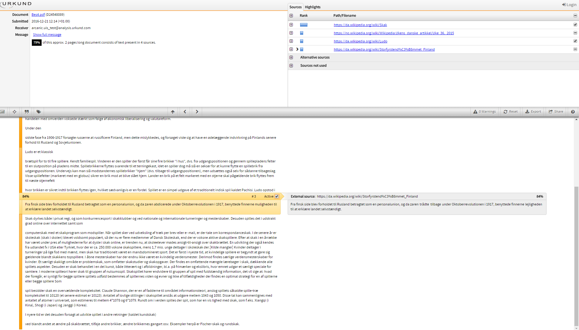 The image above shows what it looks like when Urkund finds a match between text in an exam (at left, highlighted in yellow) and outside source. A similar formulation, found in this case on Wikipedia, is shown in the right-hand column. The image above can be seen in more detail on the Ukrund website https://secure.urkund.com/view/24314026-289212-456247#q1bKLVayijbQMdWx0LGM1VEqzkzPy0zLTE7MS05VsjLQM7cwt7Q0MrE0NTawNDWzMK0FAA