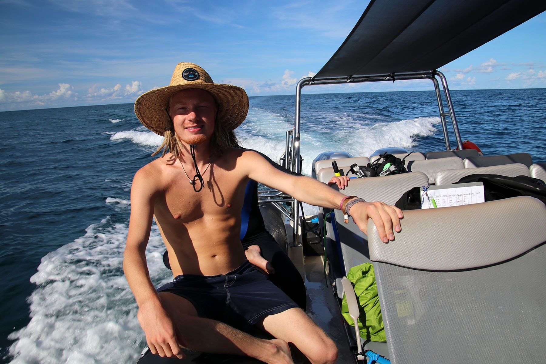 Ole Brodnicke on his way home from a field trip in the research team's speedboat, sailing them back and forth to the Great Barrier Reef.