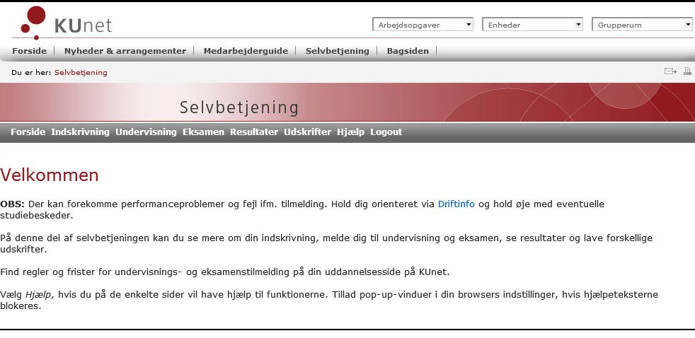 En del studerende bliver mødt af en fejlmelding på KUnet, når de forsøger at melde sig til undervisningen (screen-dump af Selvbetjening i STADS).