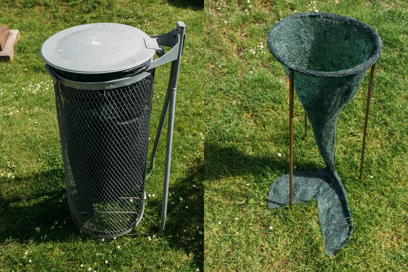 The artwork 'Empirical study of a mermaid' (right) by Anna Munk is made from yarn, brass, polyester.