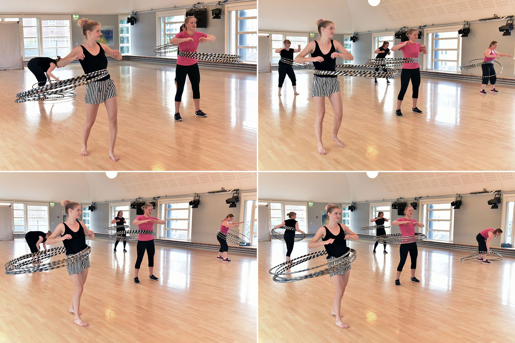 Here four rings are moving at the same time. It's not easy, and it's hard work. The participants who met up this day in the middle of August are all adept at twirling the hula hoops.