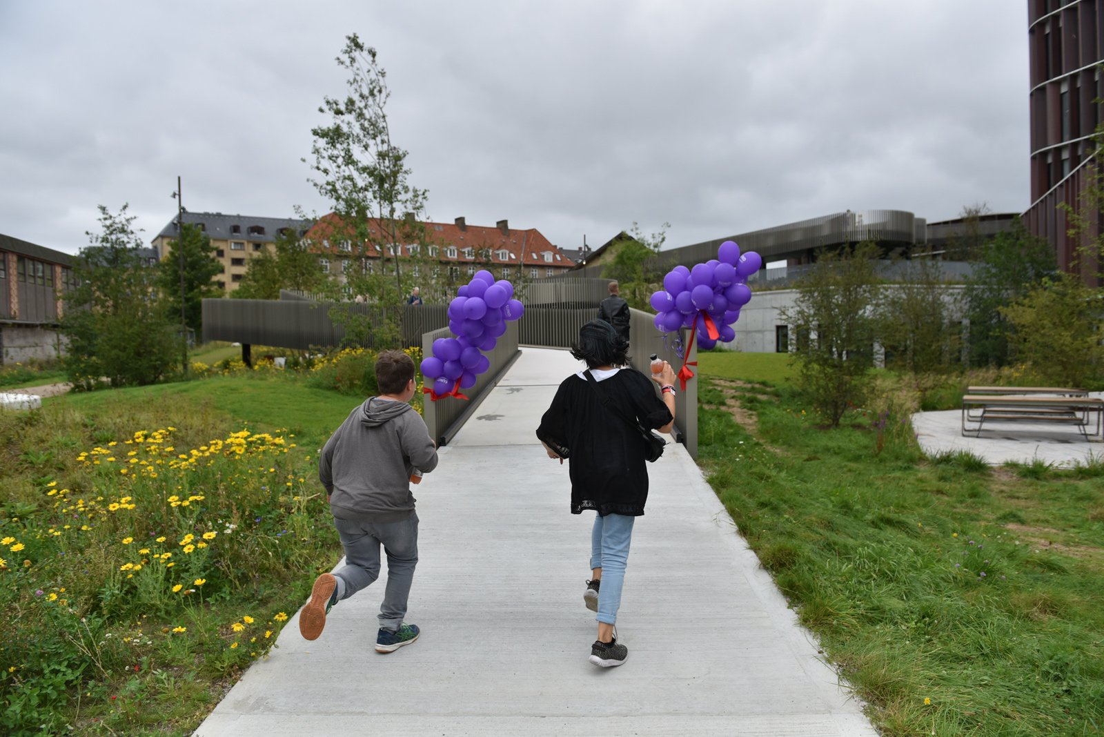 To drenge er ved at snuble over deres egne fødder i et intenst kapløb op ad broens indgang til campusparken. Den 300-meter lange bro er også lavet til at blive brugt af cyklister.