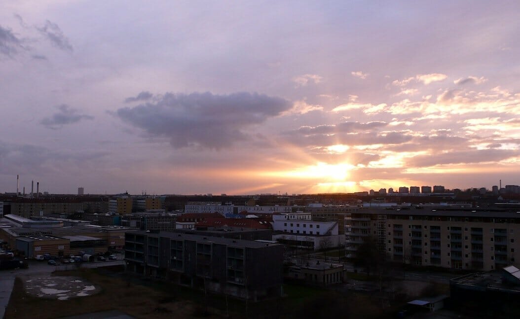 Viewable from the top floor is a rare glimpse at the sun as it sets