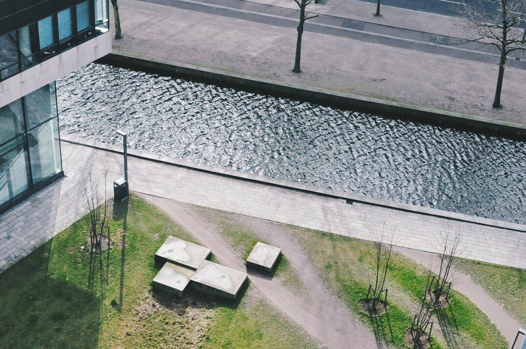 The view down from one of the higher floors at Signalhuset to the canal 