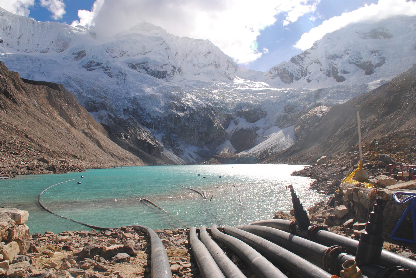 Lake Palcacocha above the main city of Huaraz is drained using siphons to avoid Glacier Lake Outburst Floods. In 1941, a GLOF levelled Huaraz to the ground. Climate change exacerbates the threat of a repetition.