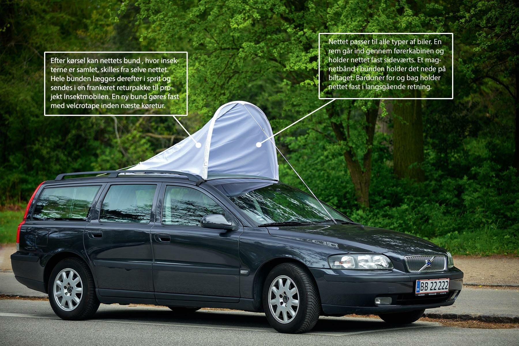 INSEKTMOBILEN: Det tager kun to minutter at spænde nettet på taget af bilen, og alle kan være med, hvis bare de har egen bil. Max-hastighed under kørsel er 50 km/t, og der må kun køres i tørvejr og under rolige vindforhold.