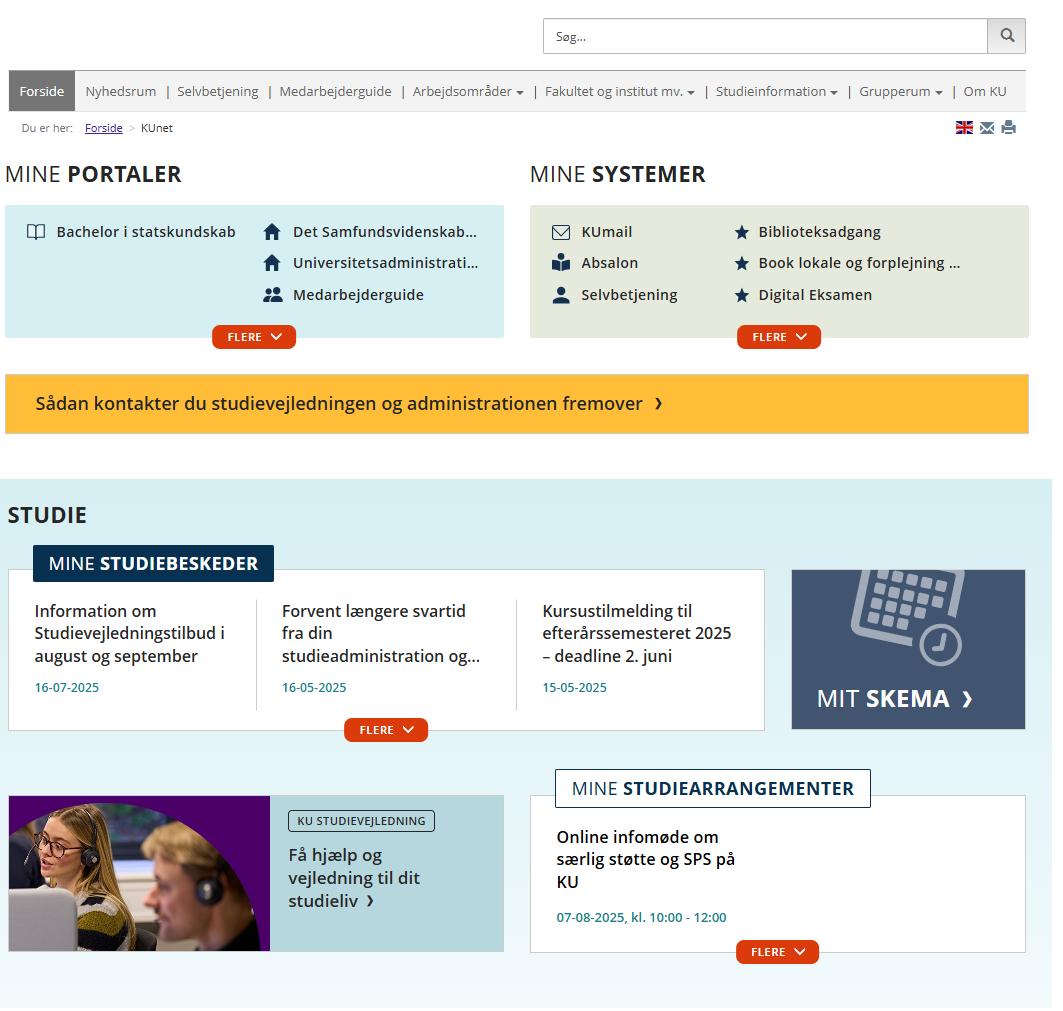 Du har adgang til både skema- og nyhedsoverblik på KUnets forside.