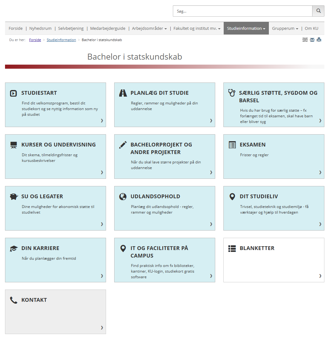 Genvejen til studieinformation findes på KUnets forside under 'Mine Portaler' og navnet på din uddannelse.