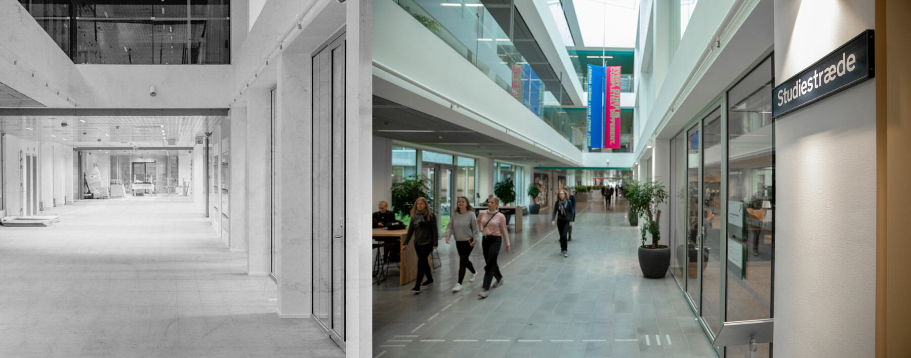 Studiestræde, KUA3's centrale vandrehal, fotograferet et par måneder før og halvandet år efter indflytningen.