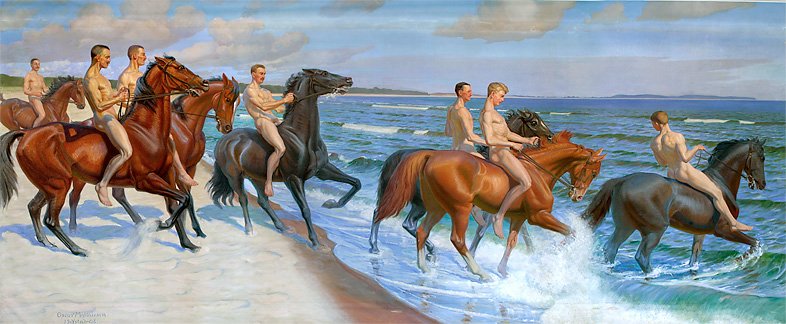 Oscar Matthiesen: Svenske dragonofficerer rider i bad, 1906, De unge nøgne mænd på vej ud i bølgerne legemliggør vitalismens budskab, Ystads Konstmuseum.
