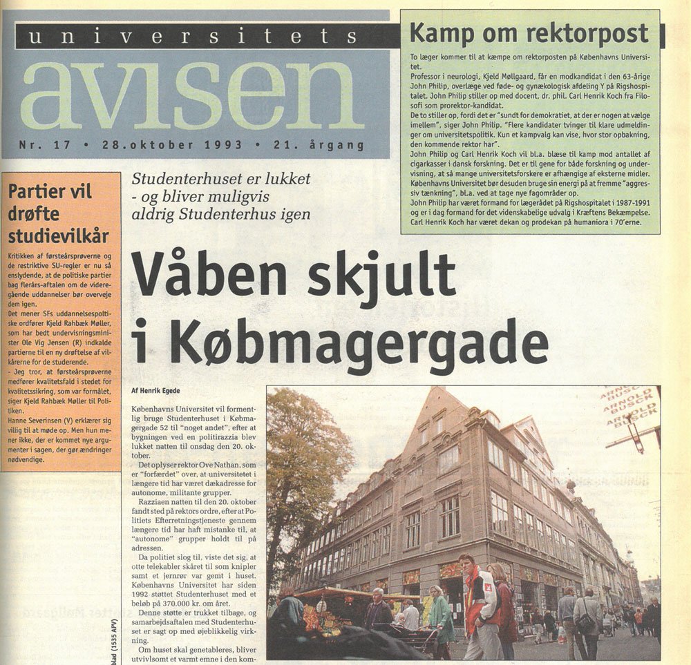 Uniavisens forside den 28. oktober 1993 fortæller om våbenfundet i Studenterhuset.