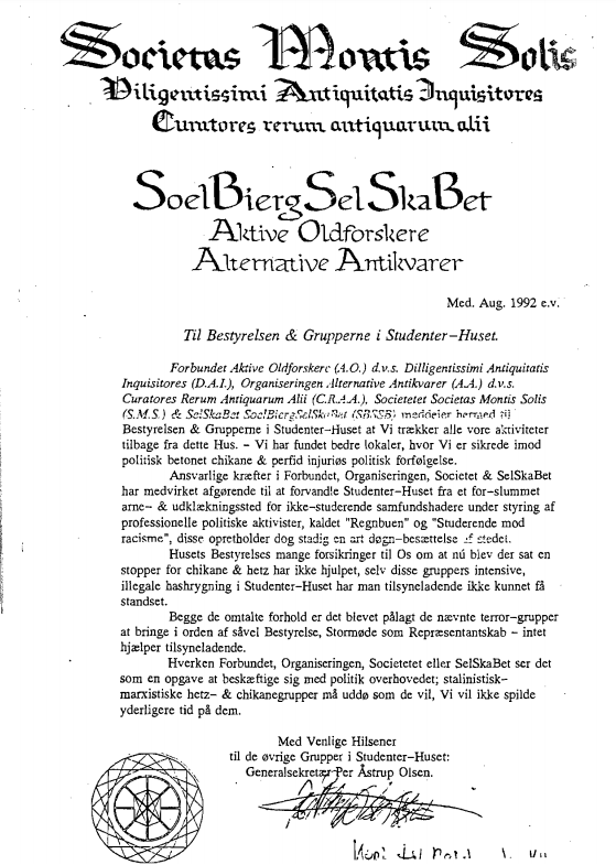Solbiergselskabet trak sig fra huset med en erklæring, der indeholdt en voldsom kritik af Regnbuen, der blev beskyldt for at være en terrorgruppe, som opretholdt en art døgnbesættelse af Studenterhuset. Selskabet førte dog sine aktiviteter i Studenterhuset videre under navnet Yggdrasil.