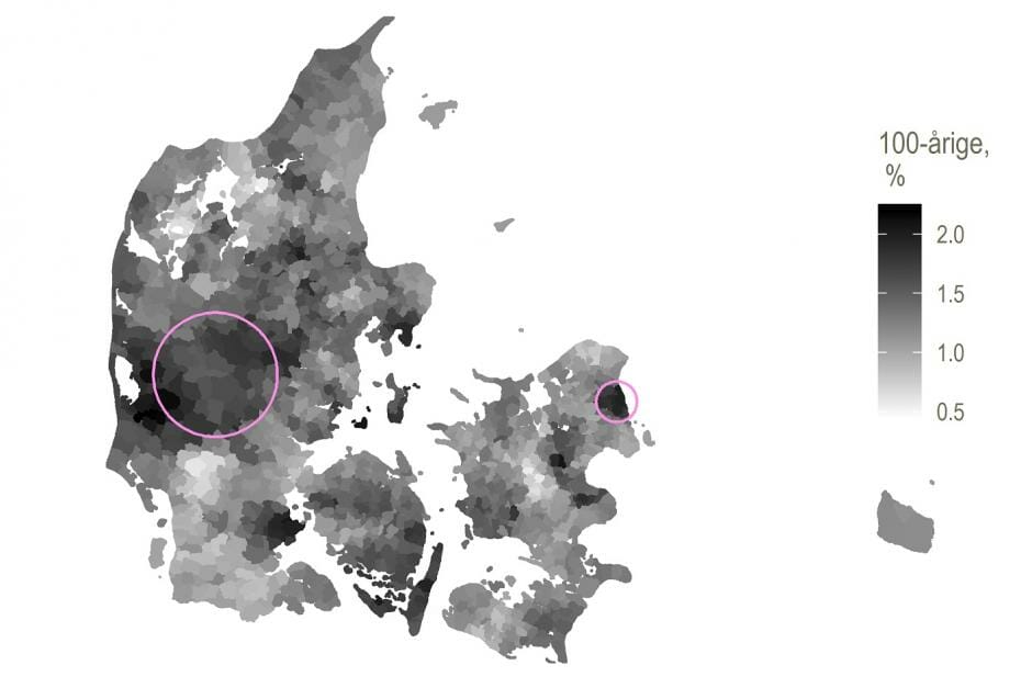 Danskere bosat inden i cirklen i Nordsjælland har 46 procent større chance for at blive 100 år end dem udenfor. For cirklen i Midtjylland er det 44 procent større chance