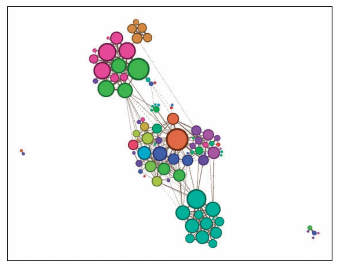In the scientific article, the six researchers from the Department of Sociology and Anthropology Department map out different types of formation at the party. The circles show the people who have been less than 2 metres from each other. The colours show the fields of study.