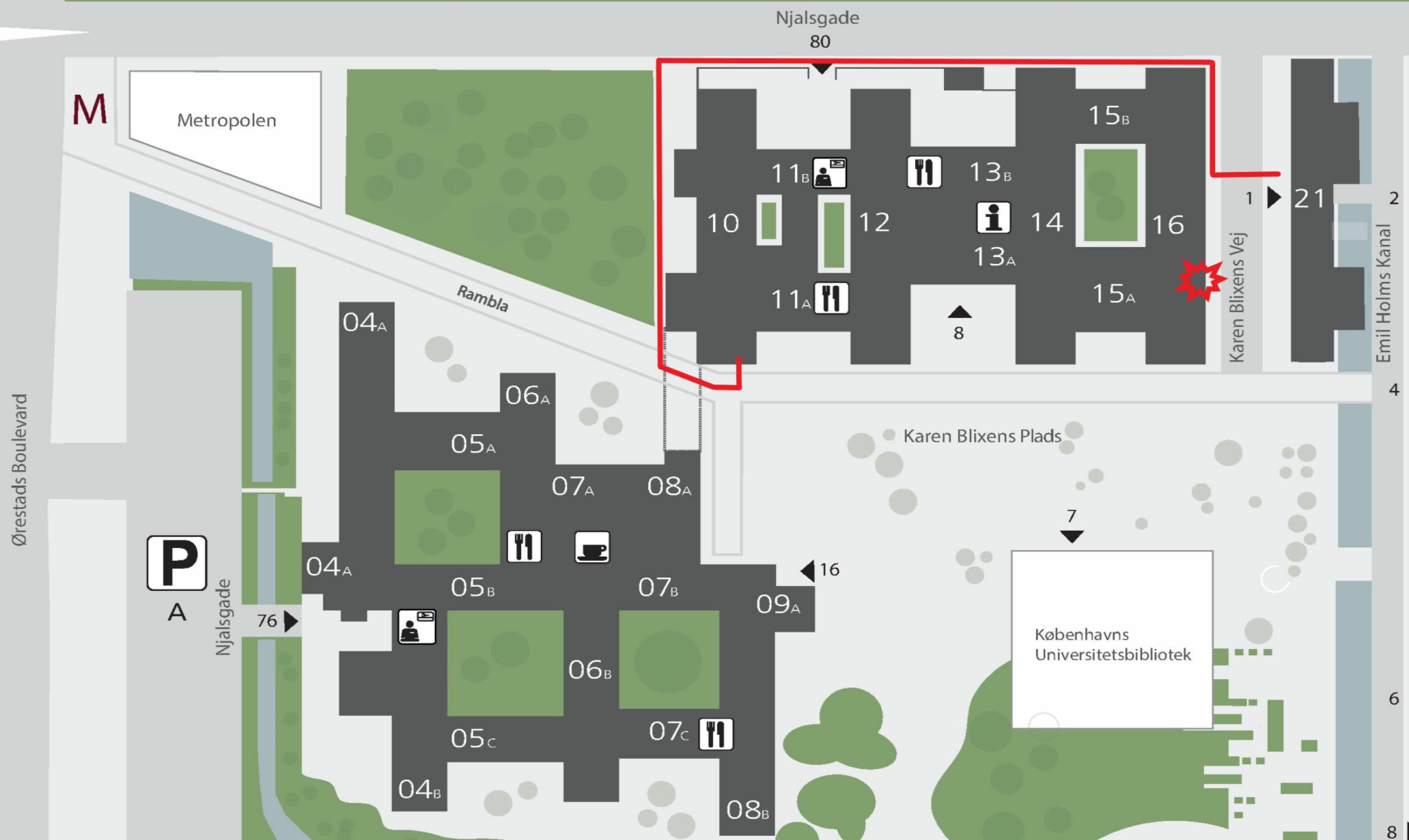 You have to take a lengthy walk if you want to avoid the revolving door, when you come from KUA1 (building 21) to KUA2. The revolving door can be seen, marked here, in building 16 and the red line shows where you have to go to reach the other possible entrance (next to building 11).