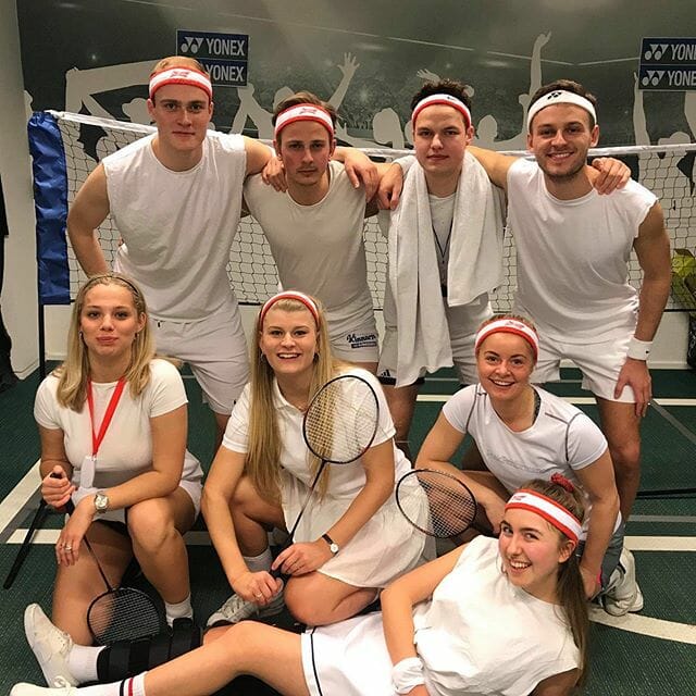 Eight of the 45 tutors at Law at Tour de Chambre in April. The party capped off a weekend of team building exercises to train the tutors.