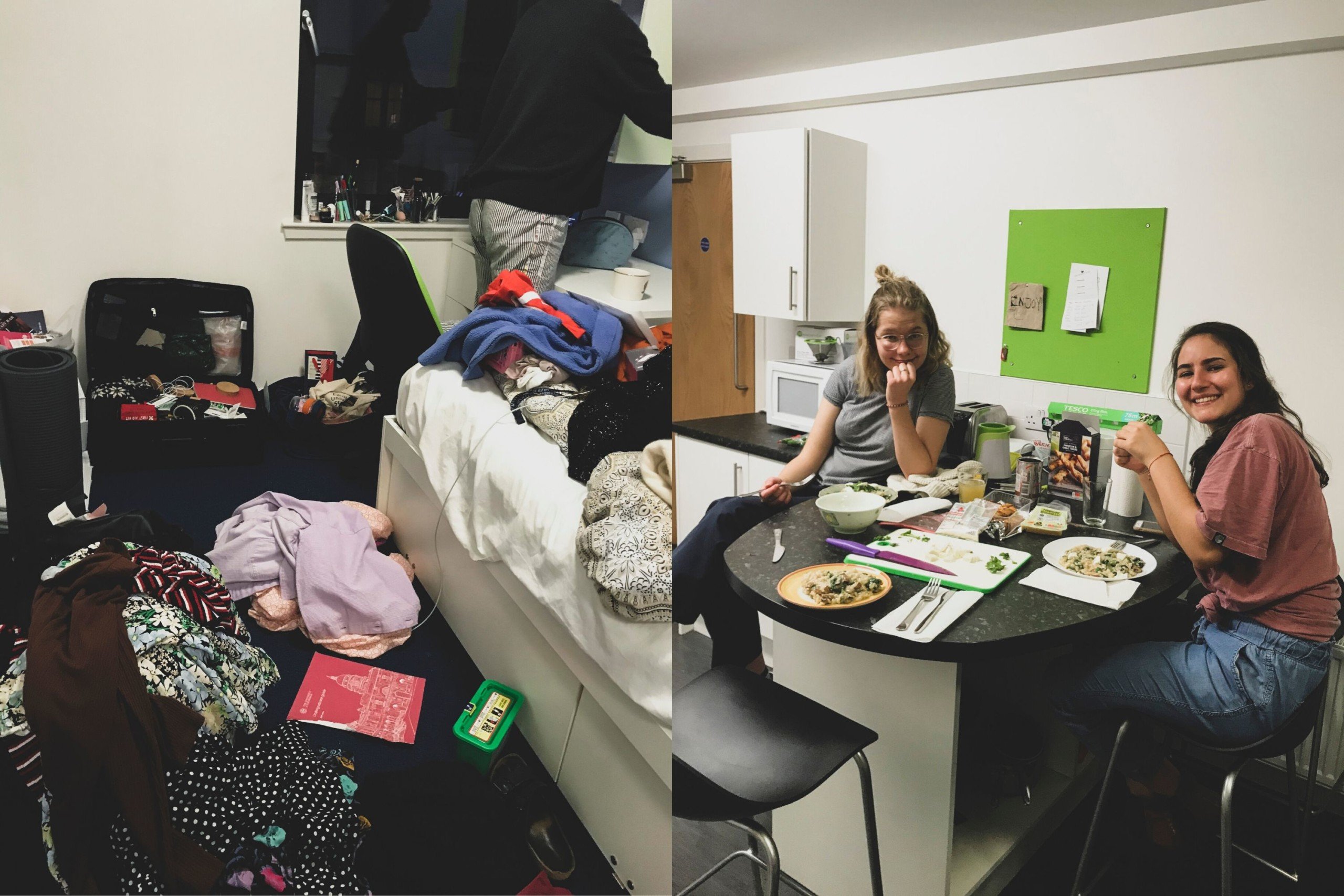 Der var kaos på værelset, da der skulle pakkes. Jeg fik hjælp af min flatmate Anouk. Vi spiste et sidste måltid sammen søndag aften, hvor vi kun var tre ud af fem flatmates, da to allerede var rejst. Jeg havde lavet risotto, og vi hyggede os rigtig meget, selv om det var en meget usædvanlig situation.