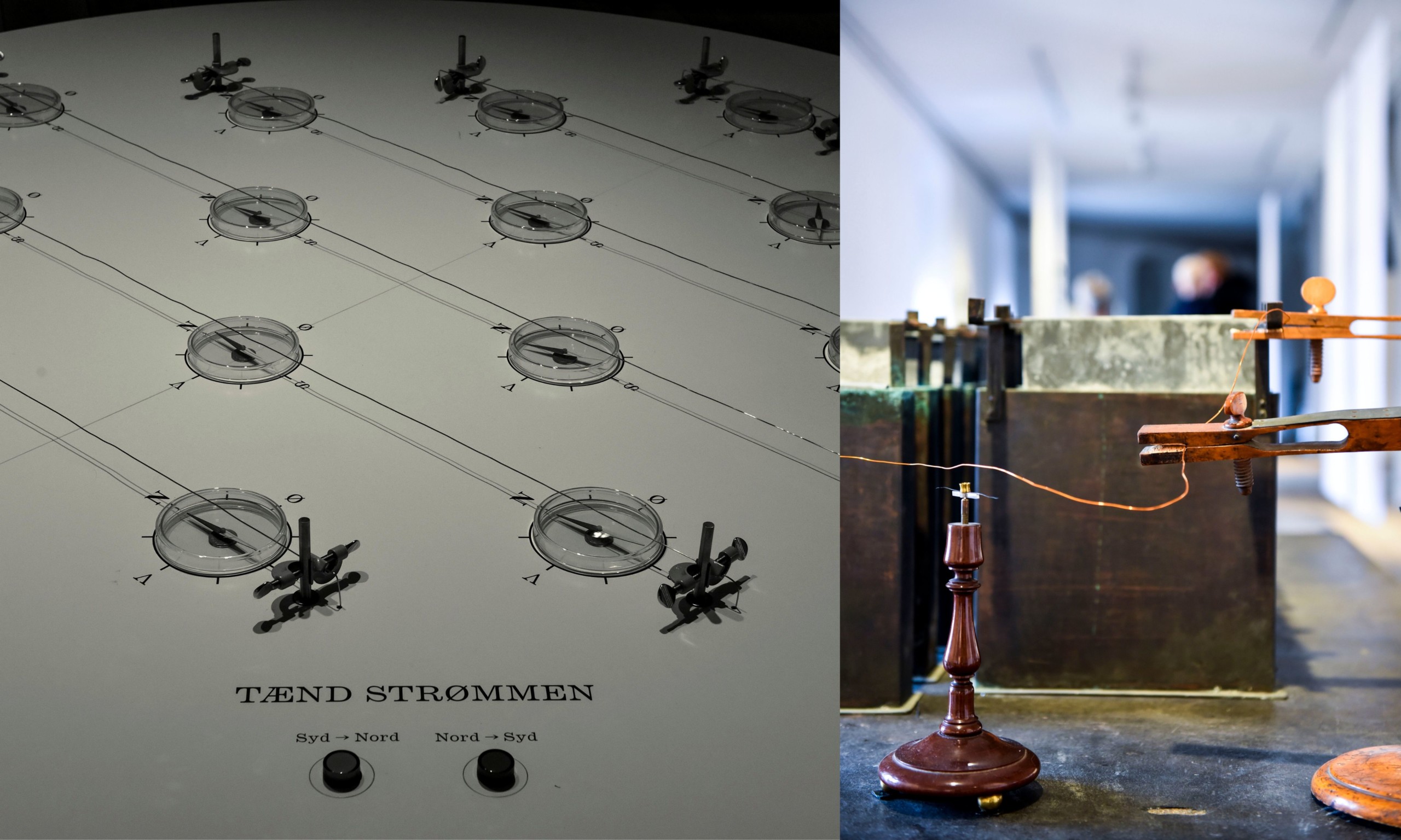 To forskellige udgaver af beviset for elektromagnetisme. Til højre, Ørsteds apparat fra 1820. Til venstre, udstillingens moderne fortolkning. Når strømmen kommer i de metalliske ledninger, bevæger nålen sig som resultat.