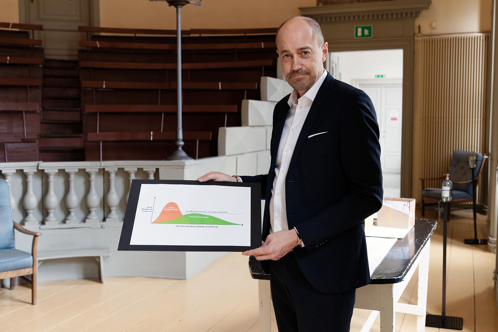Minister of Health Magnus Heunicke visits Medical Museion to donate his famous cardboard sign to the museum's collection.