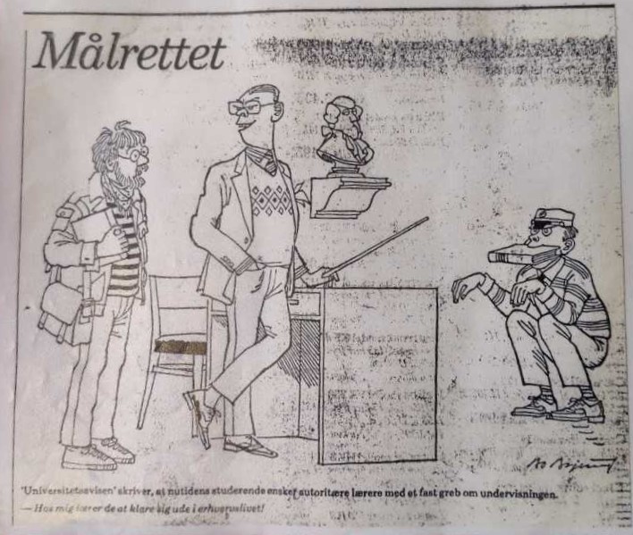 I løbet af årene blev Uniavisen et mere og mere etableret medie, fortæller Gitte Meyer. Samtidig begyndte avisen også at blive citeret i andre medier. Blandt andet i Politiken hvor Bo Bojesen tegnede denne karikatur, som Gitte Meyer har gemt.