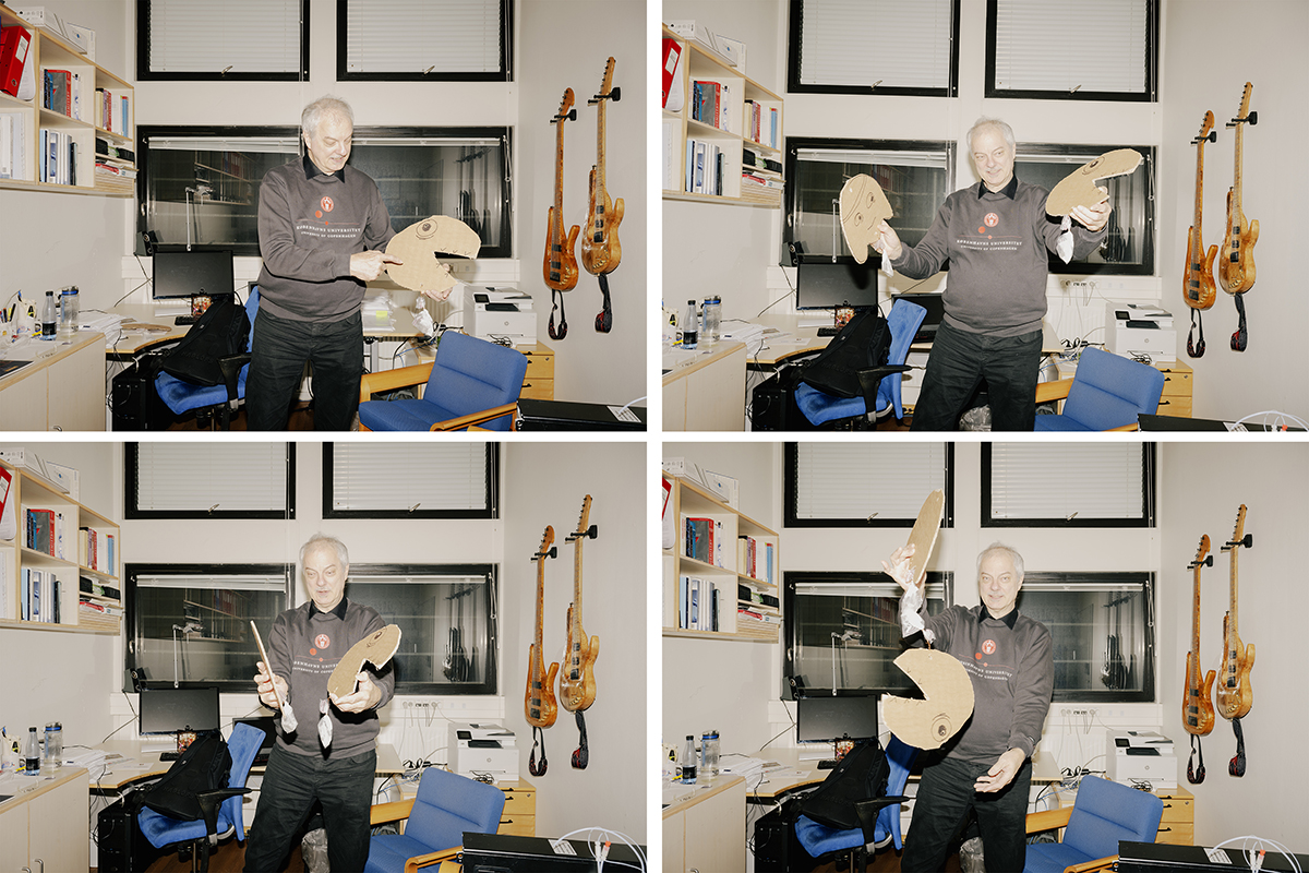 Morten Meldal animates click chemistry with some home-made cardboard cutouts. When the media wanted to know how he would celebrate his Nobel prize, the answer was: ‘Tomorrow, when I teach my organic chemistry class at 8 am’.