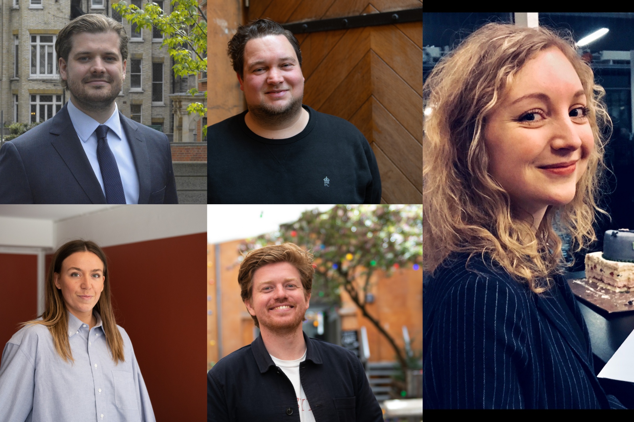 (Fra øverste venstre hjørne) Julius, David, Nimué, (fra nederste venstre hjørne) Ulrikke og Mathias fortæller om deres bachelor- og specialeoplevelser.