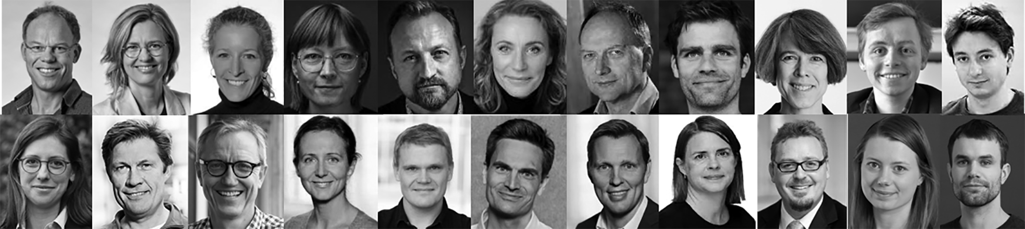 Øverst fra venstre: Jesper Grodal, Pia Quist, Nanna MacAulay, Rebecca Adler Nissen, Thomas Gammeltoft-Hansen, Randi Starrfelt, Michael Kjær, Henrik Vigh, Stine Falsig Pedersen, Albert Sneppen, Frederik Ravn Klausen, Gemma Solomon, Claus Kreiner, Michael Palmgren, Eline Lorenzen, Janus Mortensen, Hans Wandall, Morten Heiberg, Petrine Wellendorph, Timo Minssen, Nena Batenburg og Boris Bolvig Kjær.