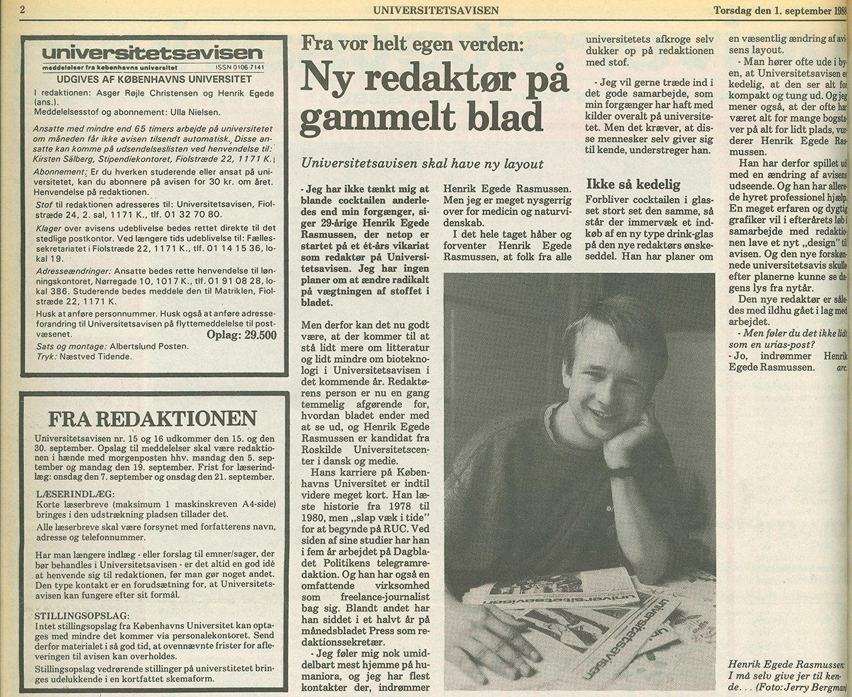 Præsentation af avisens nye redaktør Henrik Egede i september 1988, hvor han lover læserne, at avisen fremover bliver mindre kedelig.