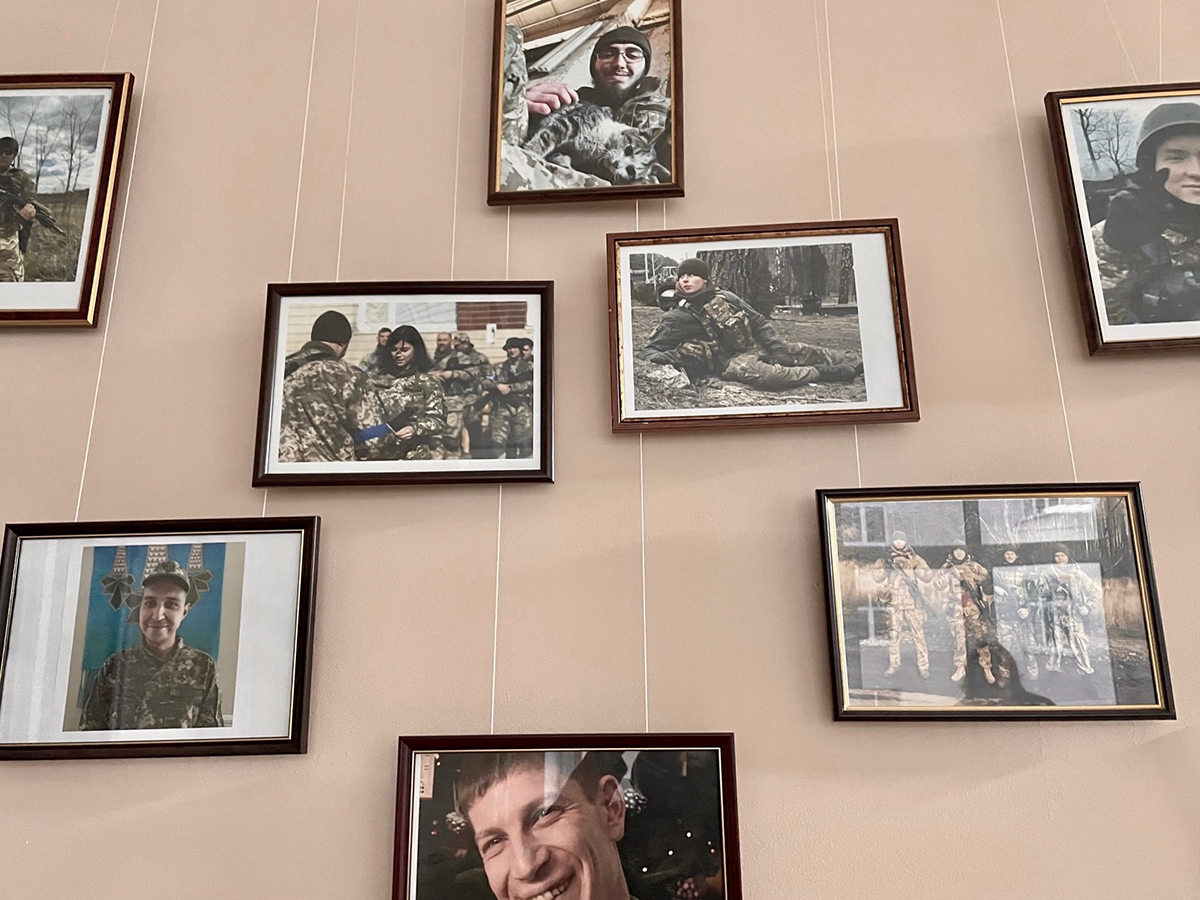 The war is immediately apparent when you step in to Borys Grinchenko Kyiv Metropolitan University. In the hallway there are photos of the faculty's students fighting in the war.