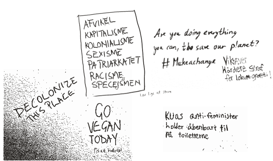 These scribblings are from the humanities' toilets back in 2019, when things were really happening. They include 'Get rid of capitalism, colonialism, sexism, the patriarchy, racism, speceism' (sic). Now the walls are all clean and lily white.
