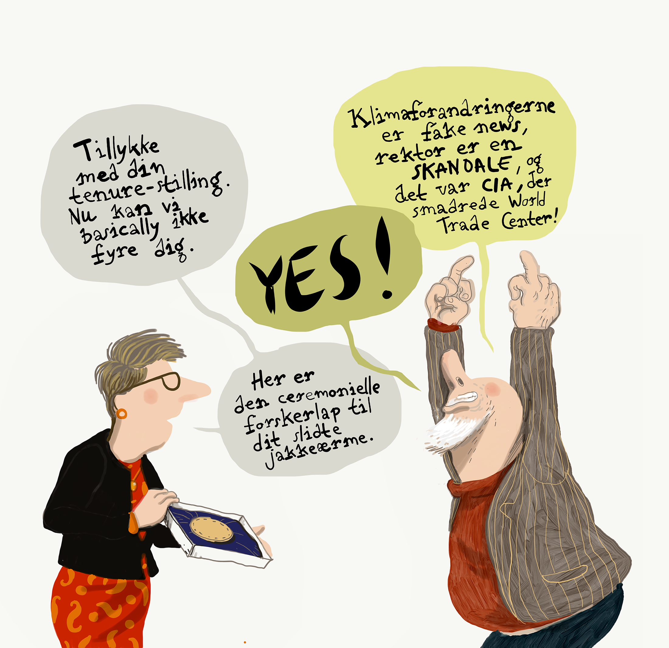 Christoffer Zieler tegnede ikke kun Maltes Spalte, men illustrerede også artikler. Her fra artiklen 'Det er for let at fyre på Københavns Universitet', publiceret i marts 2017. 
