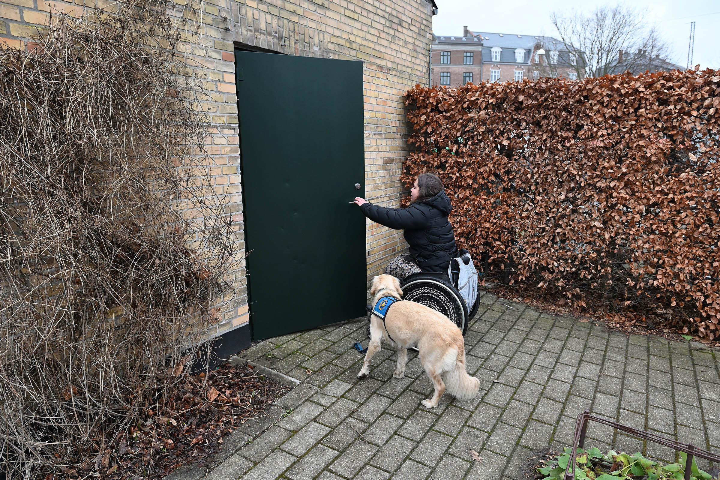 Jorden skråner op til indgangen til toilettet her. Objektivet er med til at overdrive vinklen, så det ser værre ud, end det er, alligevel er Therese Fitzwilliams nødt til at give op.