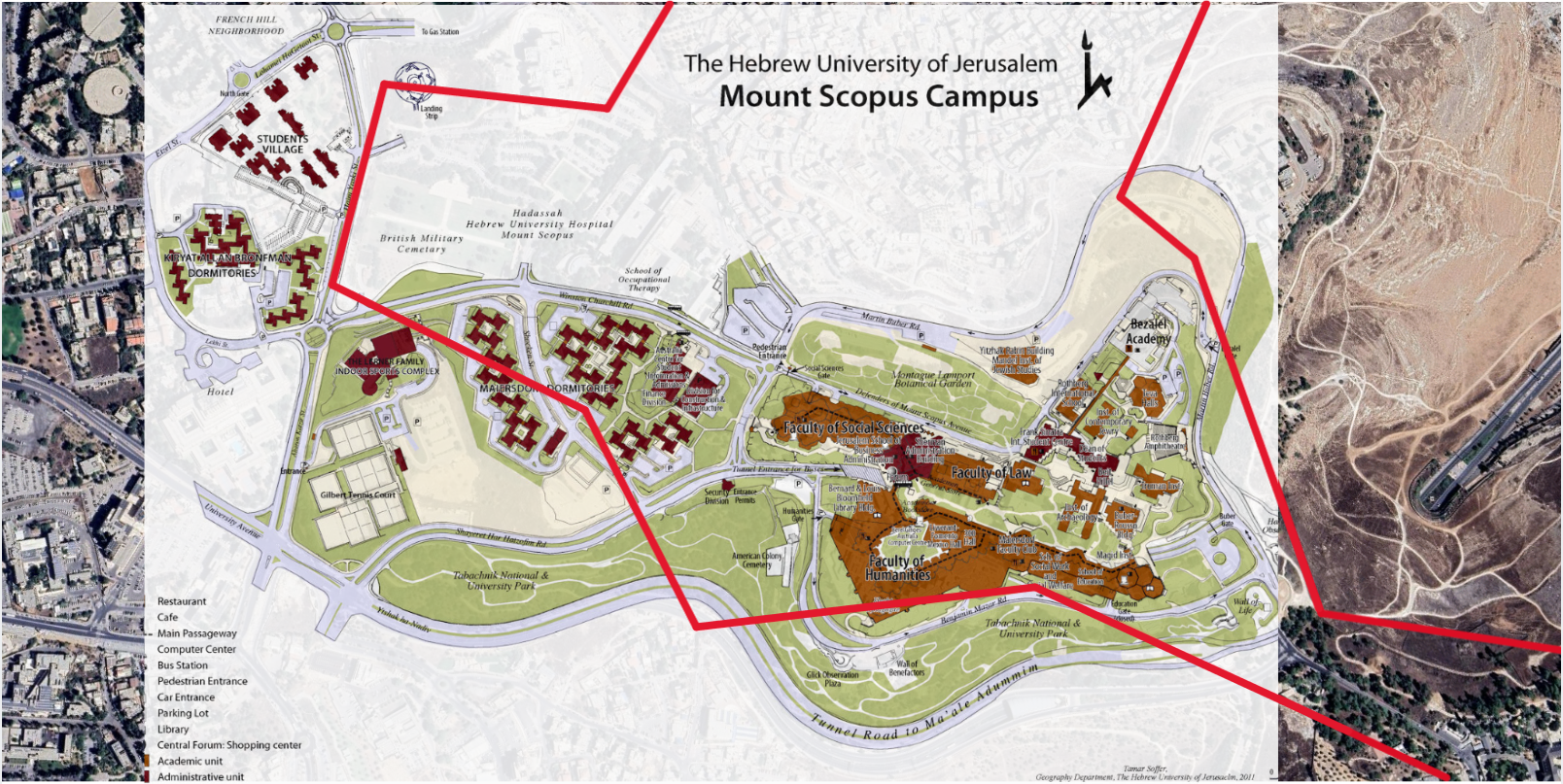 Map of Hebrew University's Mount Scopus campus, spliced with a satellite photo of the area. The red lines mark the boundary of the Israeli exclave on the hill, defined by the ceasefire agreements following the Arab-Israeli war of 1948-49. Note that the map faces north-east.