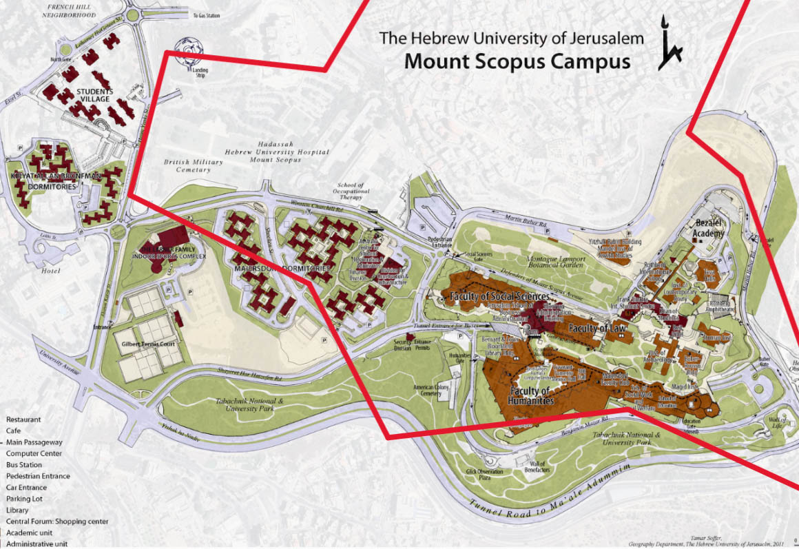  The red lines on the map mark the boundary of the Israeli exclave on the hill, defined by the ceasefire agreements following the Arab-Israeli war of 1948-49. The university's students village and other facilities are illegally built outside Israeli territory. The map faces north-east. 