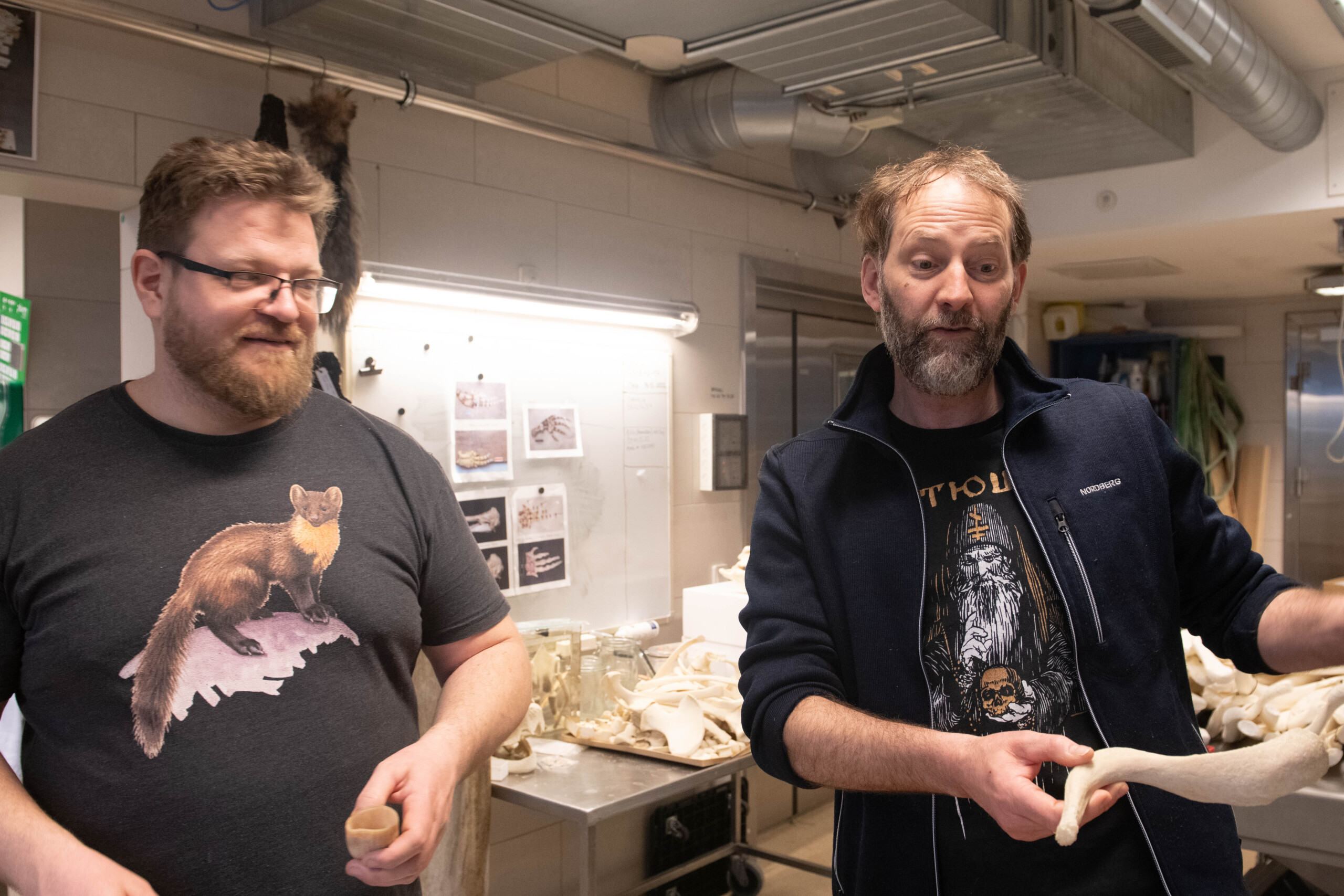 Daniel Johansson (tv.) og Mikkel Høegh Post viser knogler frem i dissektionsrummet.