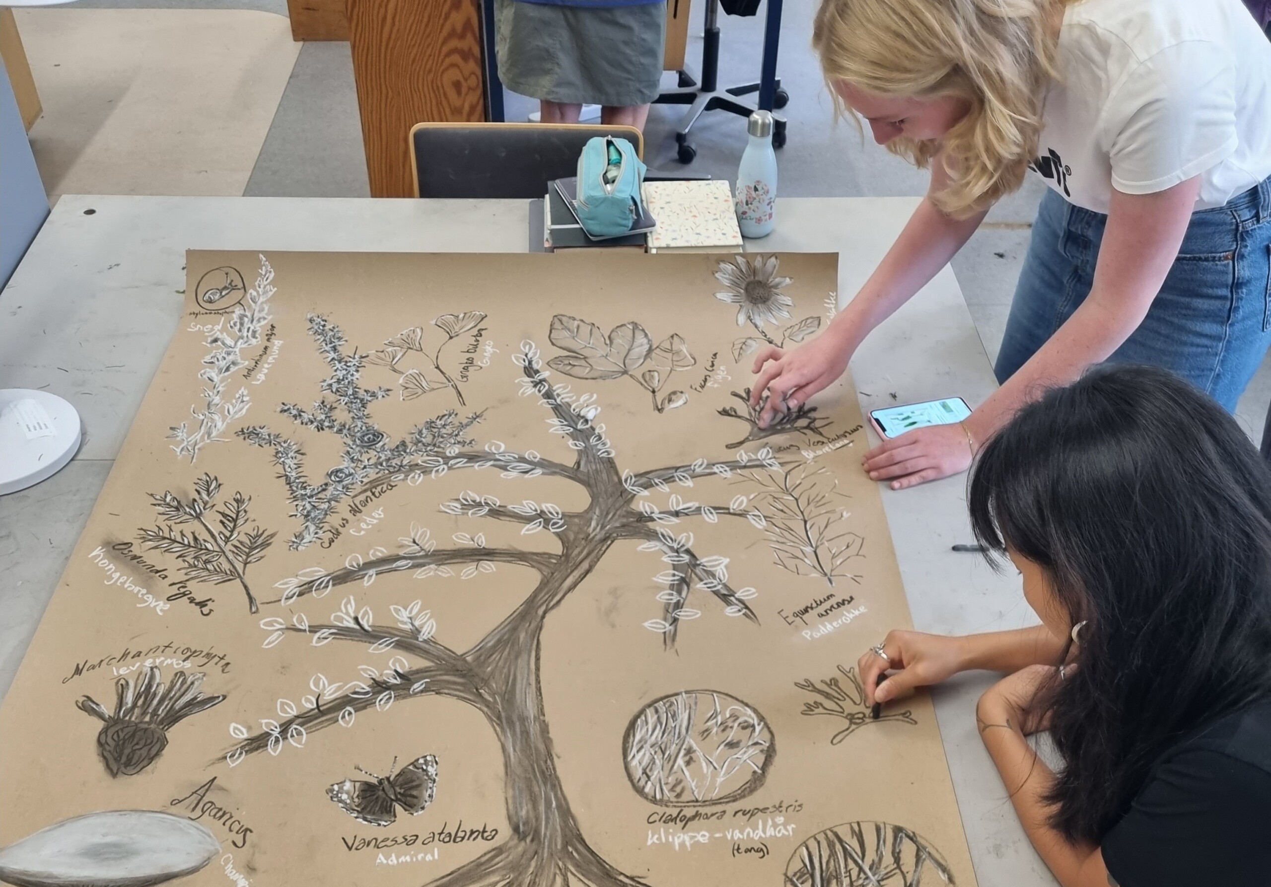 To studerende på Landskabsarkitektur tegner med kul i et fag om livsformer på første år af bacheloren.