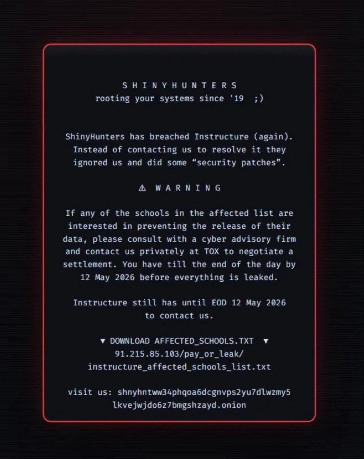 Det fulde skærmbillede, hvor hackergruppen ShinyHunters hævder at stå bag angrebet mod Instructure og truer med at offentliggøre data. Uniavisen har fået tilsendt billedet af en KU-studerende.