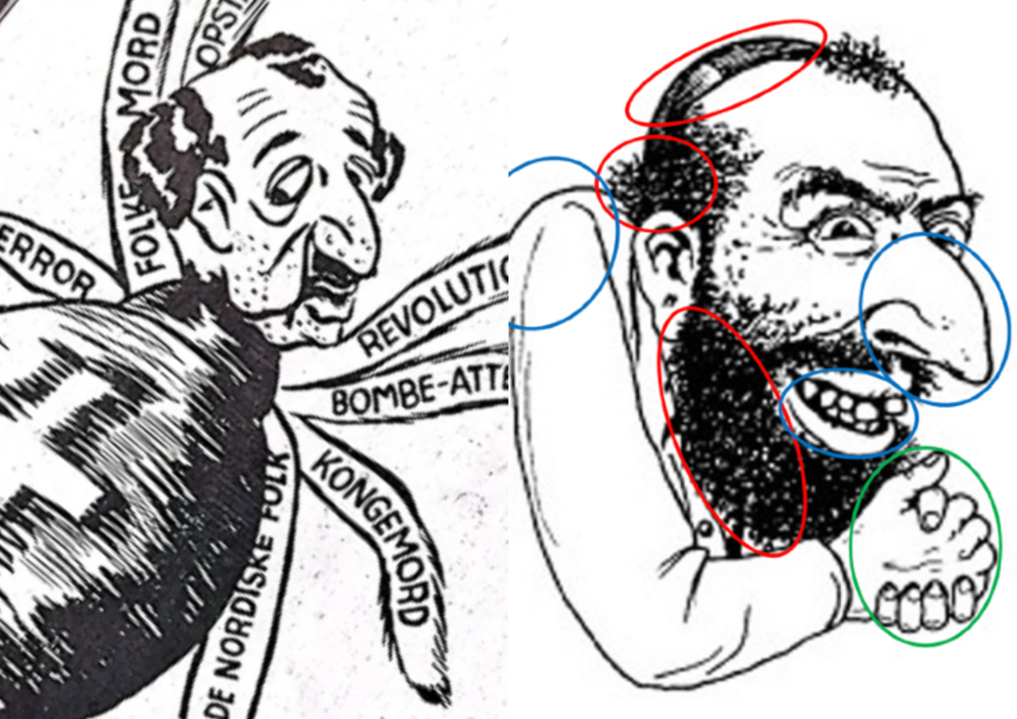 Til venstre ses en tegning fra det danske antisemitiske tidsskrift 'Kamptegnet' fra 1942. Til højre det antisemitiske meme 'The Happy Merchant'.
